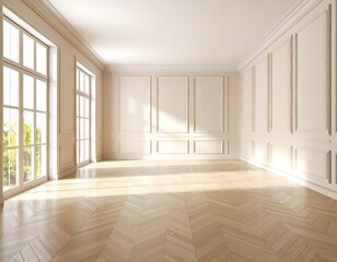 Empty Room with Elegant Details: A light-filled, minimalist interior showcases refined architectural elements. The parquet flooring and sunlight through expansive windows.