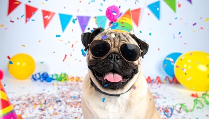 A happy pug wearing a party hat and stylish sunglasses beams with excitement as colorful confetti falls around in a bright studio, capturing pure joy and festive celebration vibes
