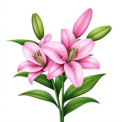 Fototapeta premium Delicate Pink Lily Blossoms with Green Leaves on a White Background