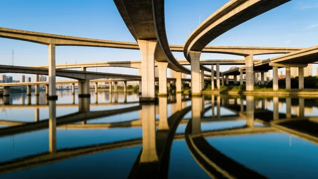 Elevated Roadway System Mirrored in Calm Water from Above