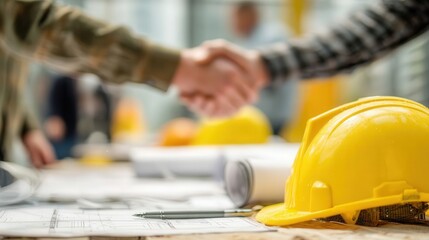 Two men shake hands over construction plans with yellow helmets on the table, symbolizing agreement or partnership in a construction or project setting.