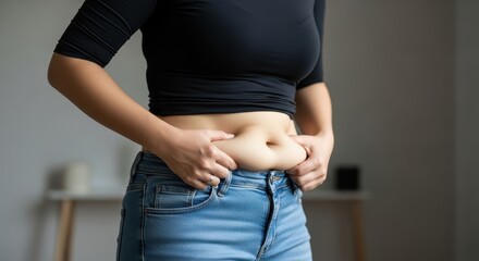 A woman in a black shirt and jeans holds the excess fat on her stomach, a concept of body image, diet, and weight gain.