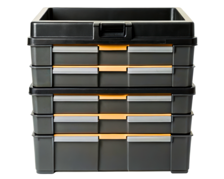 Stack of black modular plastic tool organizers with drawers on a transparent background