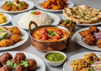 Fototapeta premium A spread of authentic indian cuisine featuring various curries, rice, naan bread, and appetizers, served in traditional bowls and plates