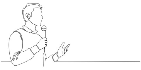 Businessman Presenting with Mic, line art, One Line Style vector illustration
