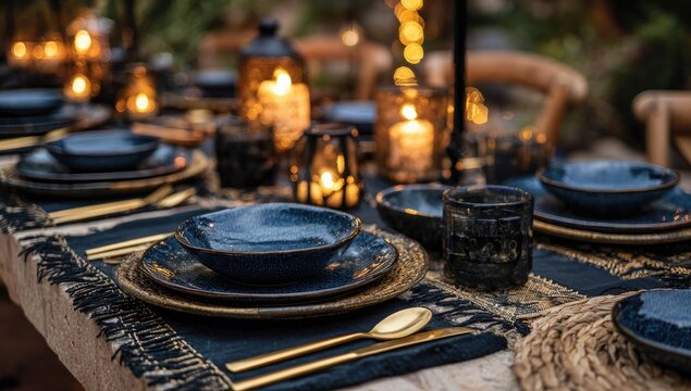 A lavishly set outdoor dining table, adorned with dark blue and gold tableware, candles in lanterns, and warm lighting