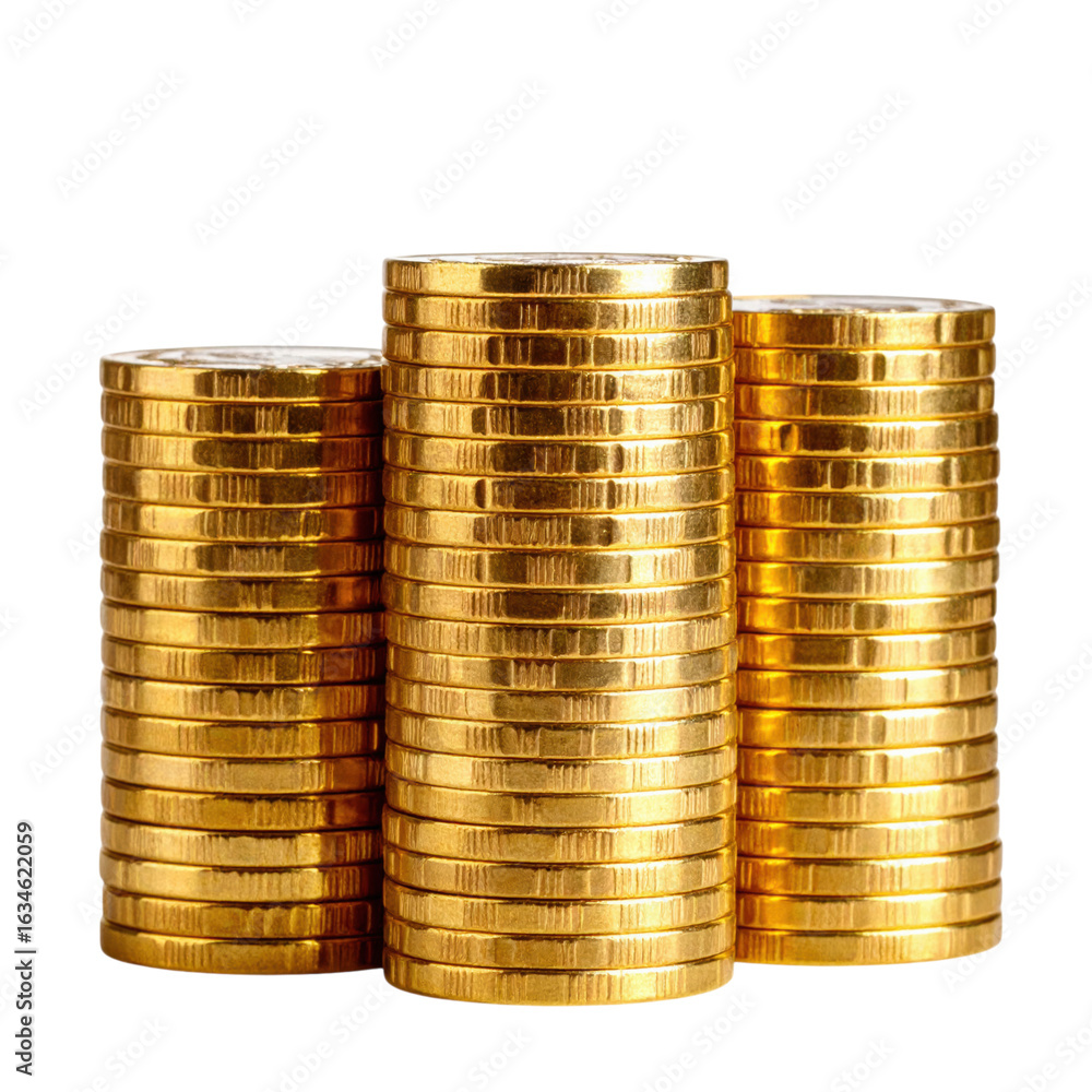 Aufkleber a stack of shiny gold coins arranged in three columns, showcasing their detailed surface and gleamin