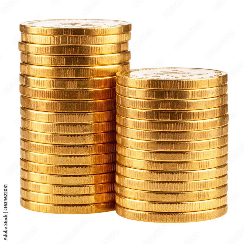 Poster a stack of shiny gold coins arranged in two piles, showcasing their circular shape and intricate edg