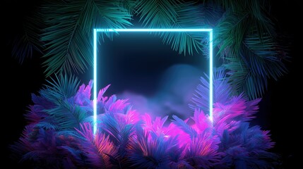 Neon square shape glowing in a tropical jungle at night in 80s synthwave style