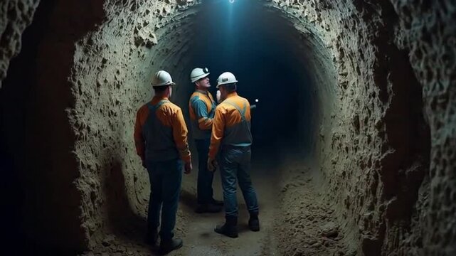Three workers in safety gear stand inside a dark tunnel, illuminated by a single light source.