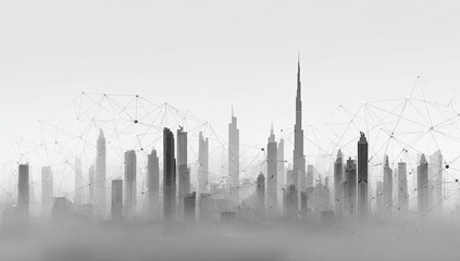 Obraz premium City skyline shrouded in mist, connected by digital network