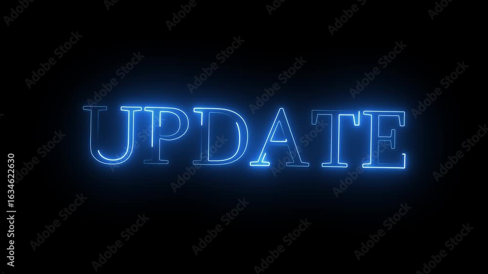 Poster animation of update text over neon line with black background.