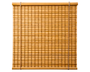 Natural wooden bamboo window blind with vertical cord weave on a transparent background