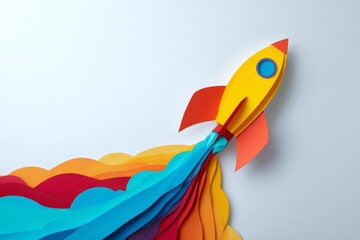 Papercraft rocket ship launching, symbolizing a startup, growth, and innovation