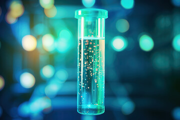Colorful laboratory glass test tubes with bubbling liquid and vibrant bokeh lights in background. Concept of science experiment, research, and innovation