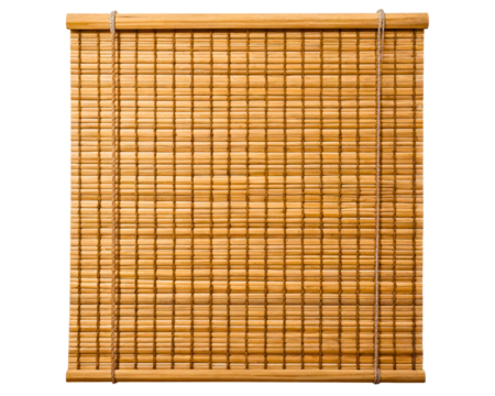 Natural wooden bamboo window blind with vertical cord weave on a transparent background