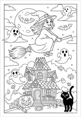 Halloween coloring page with castle, pumpkin, bats