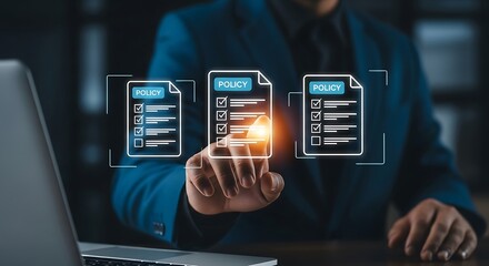 Businessman Selects Policy Documents For Review With Digital Interface In Modern Office