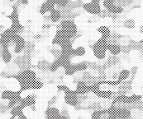 Fototapeta premium Abstract halftone seamless camouflage pattern. Repeating digital dotted hexagonal camo military texture background. Abstract modern fabric textile ornament. Vector illustration.