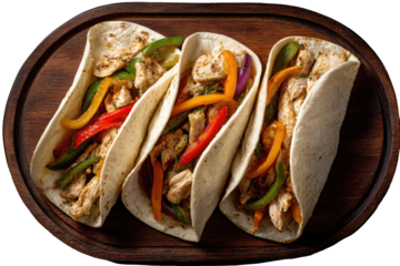 Three chicken tacos with peppers and onions on a wooden board