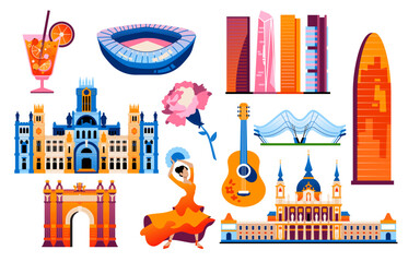 Spanish landmarks and symbols - set of flat design style objects