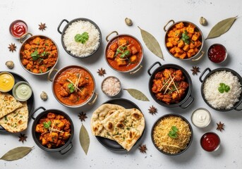 An overhead shot of a diverse indian food spread, showcasing multiple curries, rice dishes, and naan bread, arranged attractively on a lightcolored surface with decorative leaves