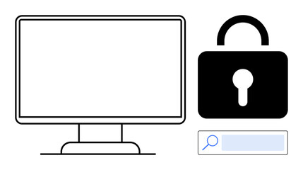 Monitor, padlock, and search bar highlighting digital security, online privacy, data safety, browsing protection, secure access, tech solutions, and computer system for a simple landing page