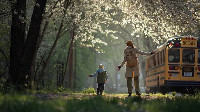 Emotional School Bus Goodbye in Leafy Spring Park
