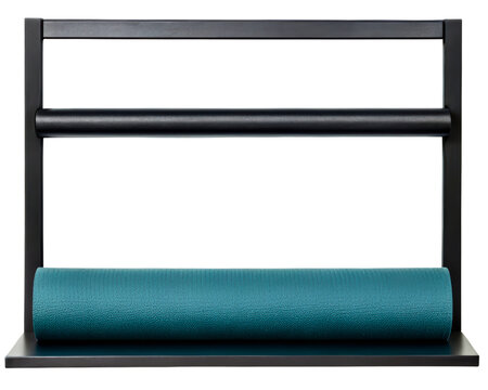 Black metal wall-mounted rack with a rolled teal exercise mat on a transparent background