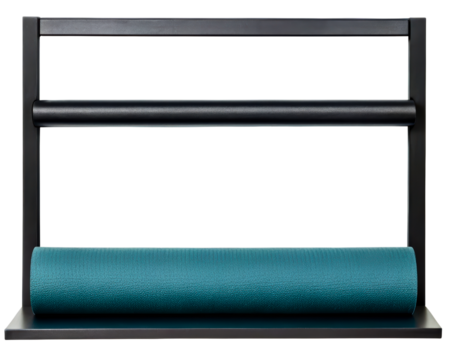Black metal wall-mounted rack with a rolled teal exercise mat on a transparent background