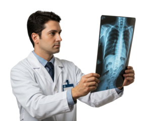 Male doctor examining chest x-ray scan diagnosis medical expertise caucasian young adult. Cut out PNG