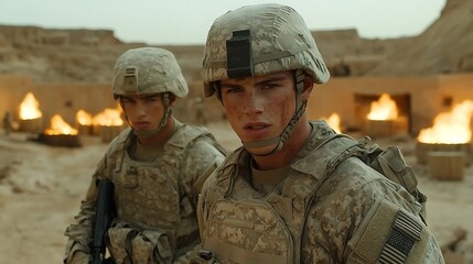 Fototapeta premium Two soldiers in desert combat gear stand guard.