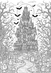 Halloween coloring page with castle, pumpkin, bats