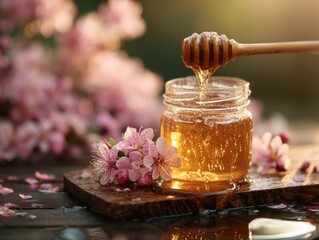 Honey dripping from dipper into glass jar, surrounded by pink blossoms