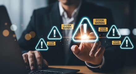 Businessman Touching System Warning Alert Icons Indicating Cybersecurity Threat And Data Breach