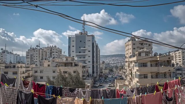 Balcony Scene in Downtown Ramallah, Palestine hanging clothes
