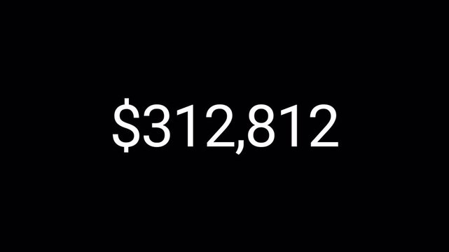Five hundred thousand dollar counter animation from 0 to 500000 on a transparent background, 500000 dollar counting number animation with alpha channel.