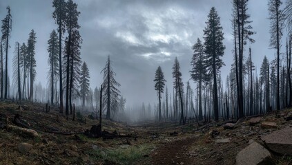 Forest after fire, misty path