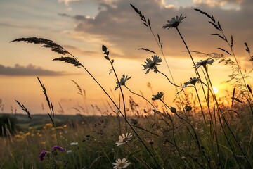 Fototapeta premium Silhouettes of wildflowers at sunset in a field.
