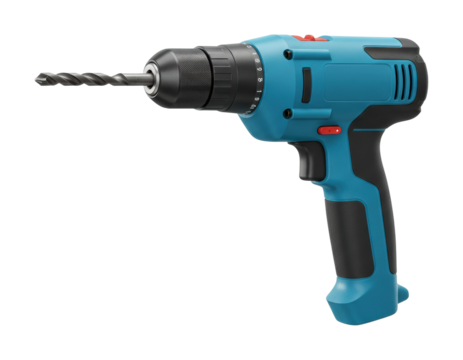 Blue cordless drill with black handle and drill bit. Cut out PNG