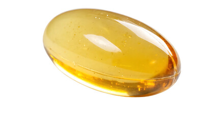 A single translucent golden oval capsule filled with liquid against a stark black background