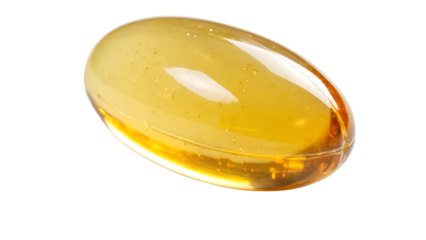 A single translucent golden oval capsule filled with liquid against a stark black background