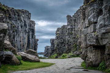 Rocky path between basalt cliffs under a cloudy sky