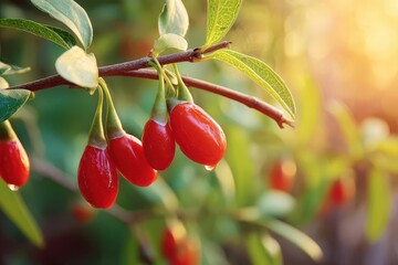 Obraz premium Close-up of vibrant red goji berries on a branch with green leaves, illuminated by sunlight, showcasing their natural texture and fresh appearance.