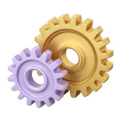 3d illustration of two interlocking gears, one gold and one purple, isolated on transparent background