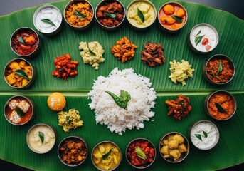A vibrant overhead view of a traditional indian meal spread on a banana leaf, featuring rice, various curries, and accompaniments