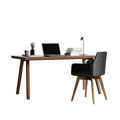 Minimalist workspace with laptop, lamp, and chair