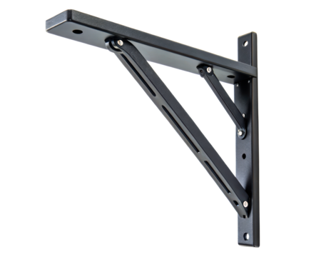 Heavy-duty black metal folding shelf bracket for wall mounting on a transparent background