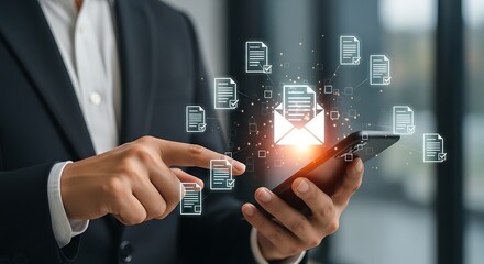 Businessperson Checking Emails And Documents On Smartphone With Modern Digital Design