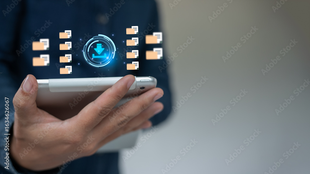 Poster a man using a smartphone with a digital download icon and folder files floating in the air. concept 